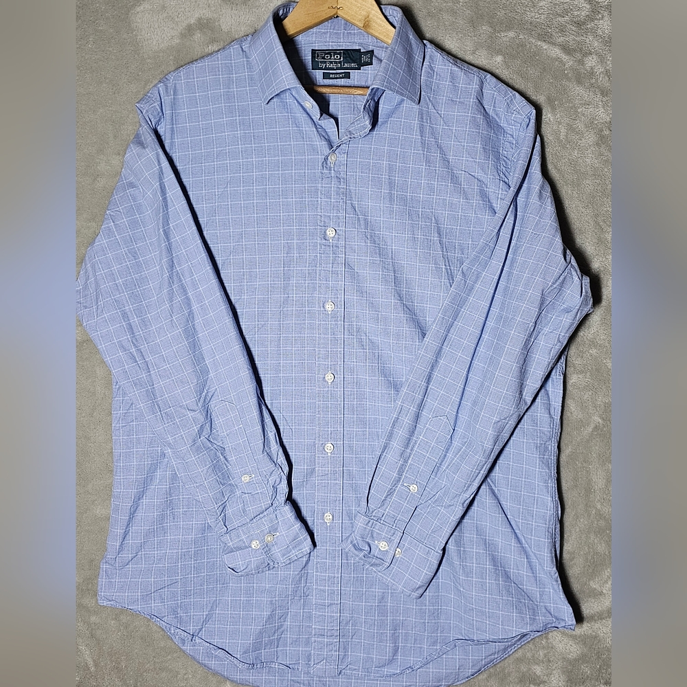 Polo By Ralph Lauren Regent Button Up Shirt 16.5 "‎ Mini Gingham Blue.